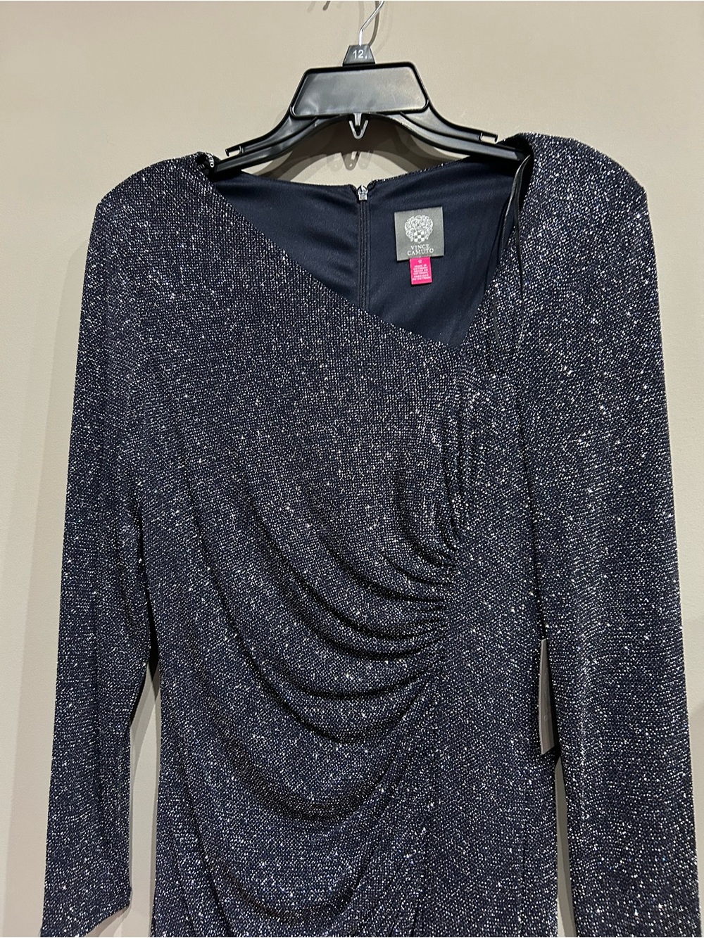 Vince Camuto Navy Sparkle Long-Sleeve Ruched Dress